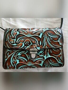 Tooled Floral Leather Crossbody Bag in Turquoise & Brown